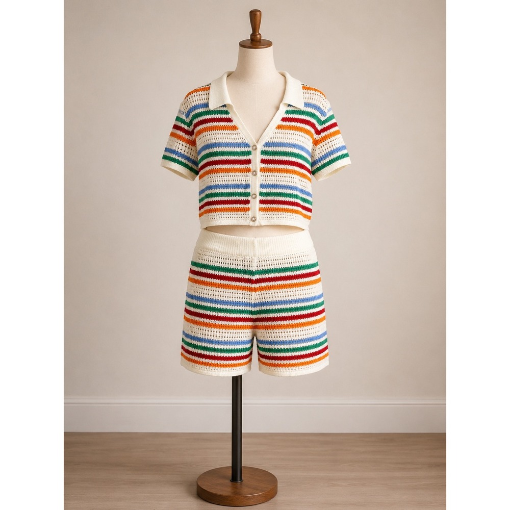 Striped Crochet Knit 2 Piece Set Shorts & Button Crop Top XL Multicolor‎ Summer
